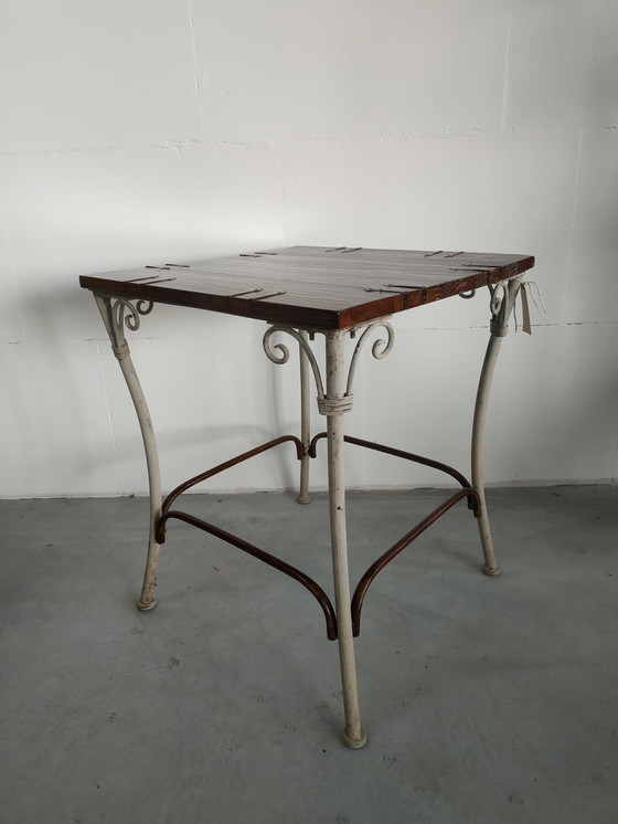 Image 1 of Brocante Hout Metalen Bijzettafel Plantentafel