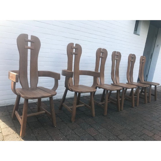 Image 1 of Set van 6 vintage brutalistische stoelen van het ambachtelijke huis De Puydt, België 1960