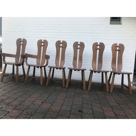 Image 1 of Set van 6 vintage brutalistische stoelen van het ambachtelijke huis De Puydt, België 1960