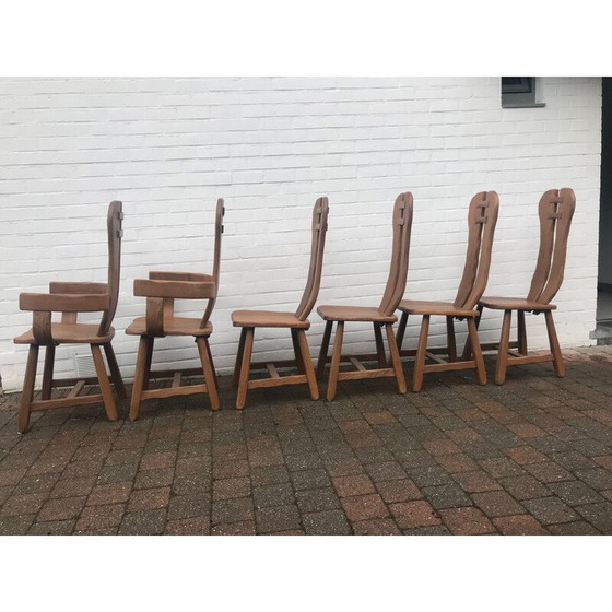 Image 1 of Set van 6 vintage brutalistische stoelen van het ambachtelijke huis De Puydt, België 1960