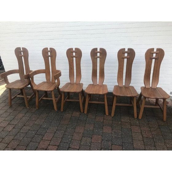 Image 1 of Set van 6 vintage brutalistische stoelen van het ambachtelijke huis De Puydt, België 1960