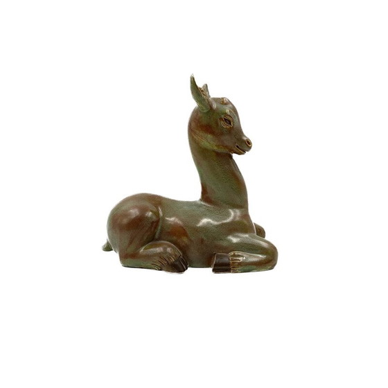 Image 1 of Vintage gebeeldhouwd figuur "hurkend hert" in cerbiatto groen door Giovanni Gariboldi, Italië 1940