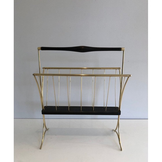 Image 1 of Vintage tijdschriftenrek van gezwart hout en messing, 1950