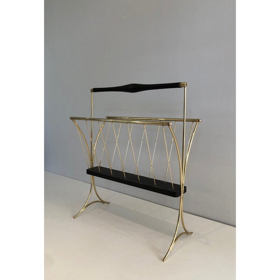 Image 1 of Vintage tijdschriftenrek van gezwart hout en messing, 1950