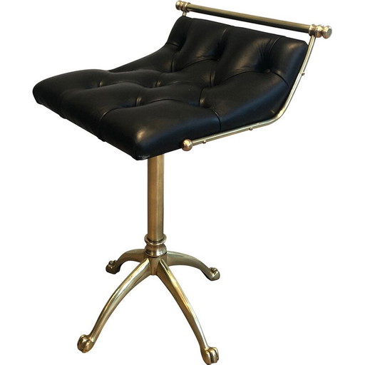 Vintage messing en leren krukje met klauwpoten, 1900