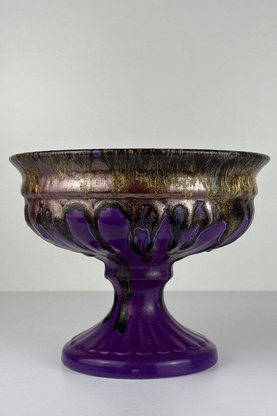 Image 1 of Vintage Paars Keramieken Schaal Fat Lava Drip Brons Kleur