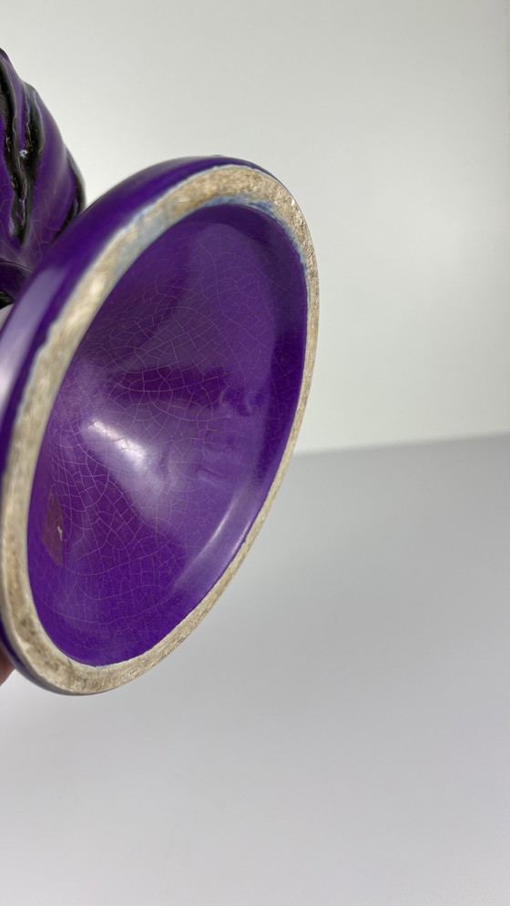 Image 1 of Vintage Paars Keramieken Schaal Fat Lava Drip Brons Kleur