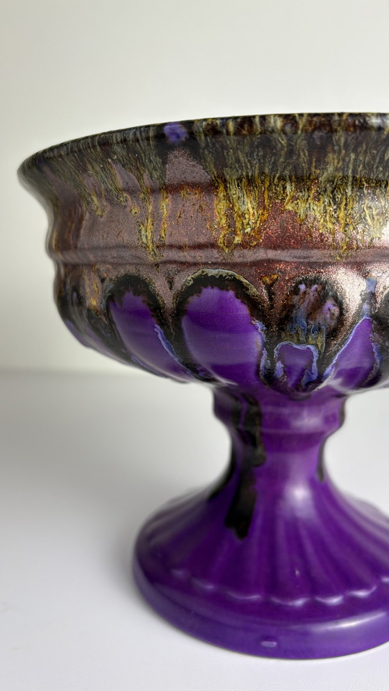 Image 1 of Vintage Paars Keramieken Schaal Fat Lava Drip Brons Kleur