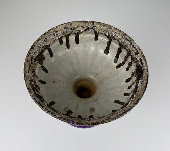 Image 1 of Vintage Paars Keramieken Schaal Fat Lava Drip Brons Kleur