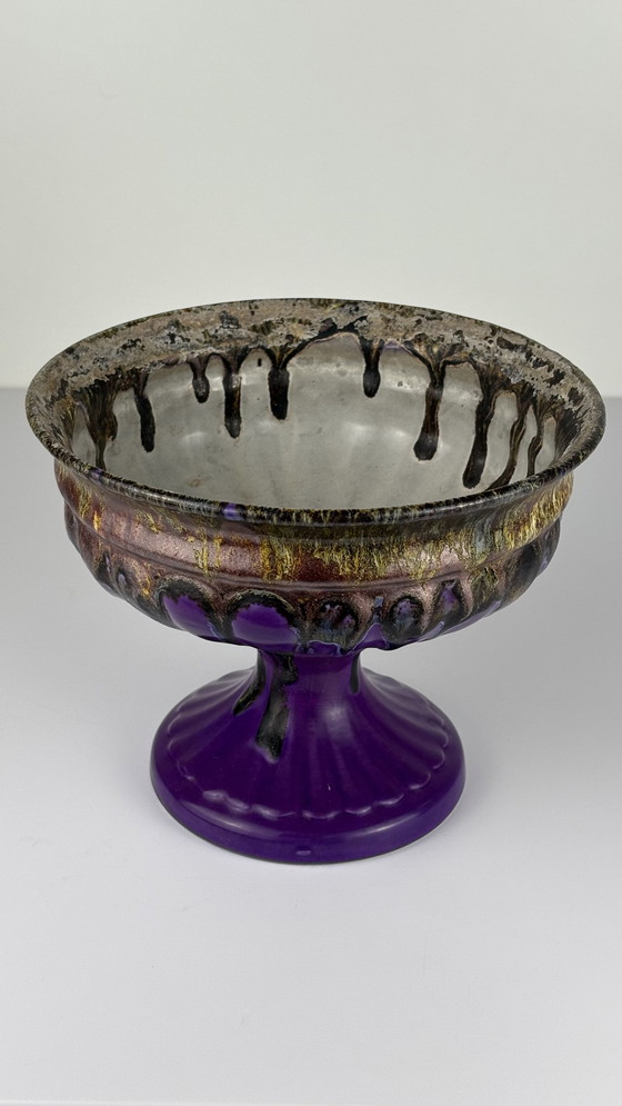 Image 1 of Vintage Paars Keramieken Schaal Fat Lava Drip Brons Kleur