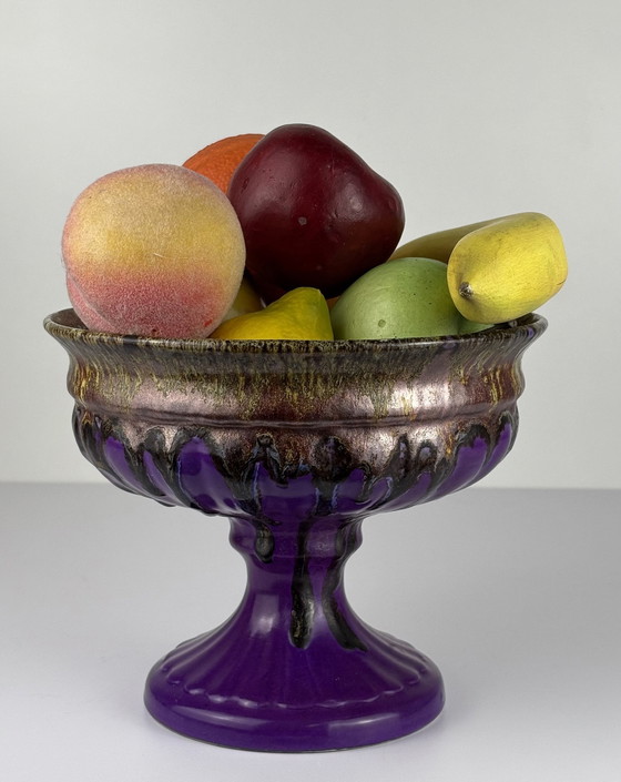 Image 1 of Vintage Paars Keramieken Schaal Fat Lava Drip Brons Kleur