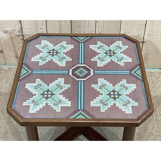 Image 1 of Vintage Art Deco bijzettafel in mahonie, stof en glas