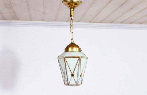 Art Deco hanglamp van messing en glas, Frankrijk 1930