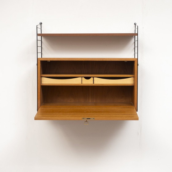 Image 1 of 60s wandplank String, teak, met secretaire container