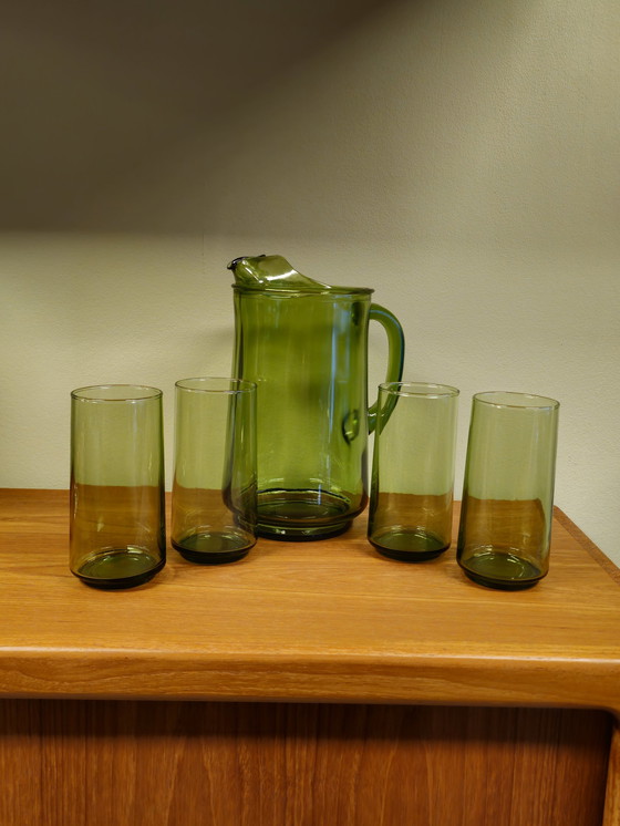 Image 1 of Vintage Karaf Waterkan Waterglazen Glazen Lime Green Glazen Groen