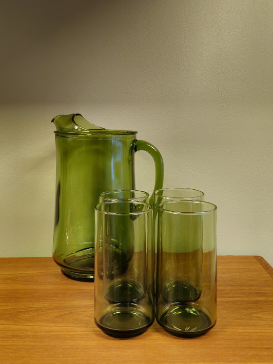 Image 1 of Vintage Karaf Waterkan Waterglazen Glazen Lime Green Glazen Groen