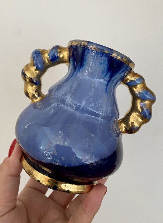 Image 1 of Vintage Art Deco Blauw En Goud Steengoed Vaas