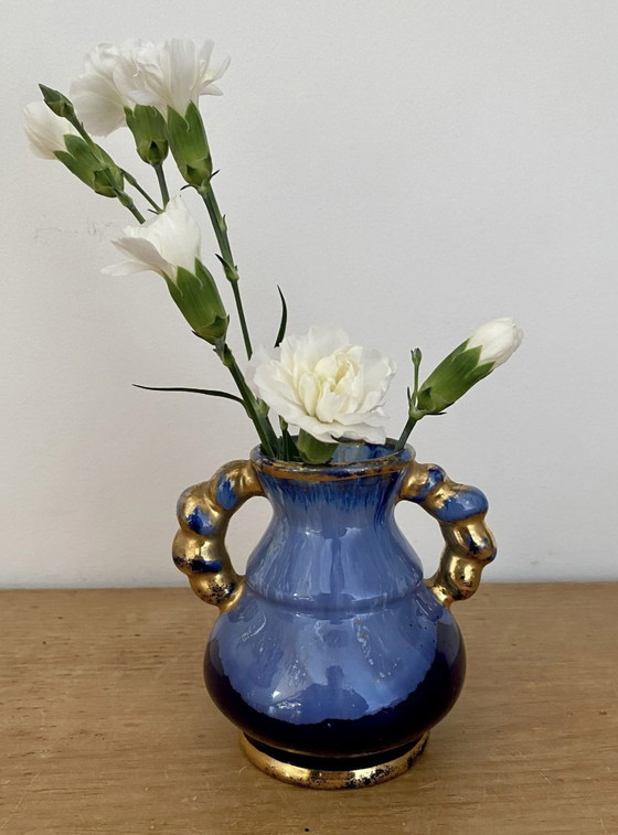 Image 1 of Vintage Art Deco Blauw En Goud Steengoed Vaas