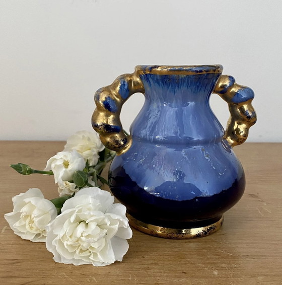 Image 1 of Vintage Art Deco Blauw En Goud Steengoed Vaas