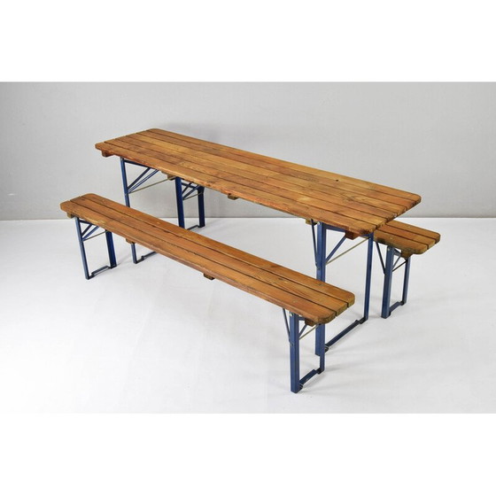 Image 1 of Vintage tafel en banken in grenen hout en blauw gelakt ijzer, Duitsland 1970