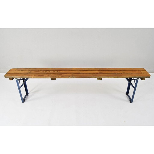 Vintage tafel en banken in grenen hout en blauw gelakt ijzer, Duitsland 1970