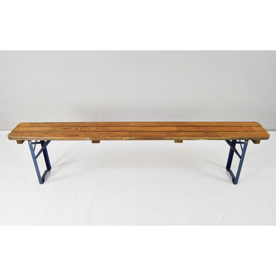 Image 1 of Vintage tafel en banken in grenen hout en blauw gelakt ijzer, Duitsland 1970