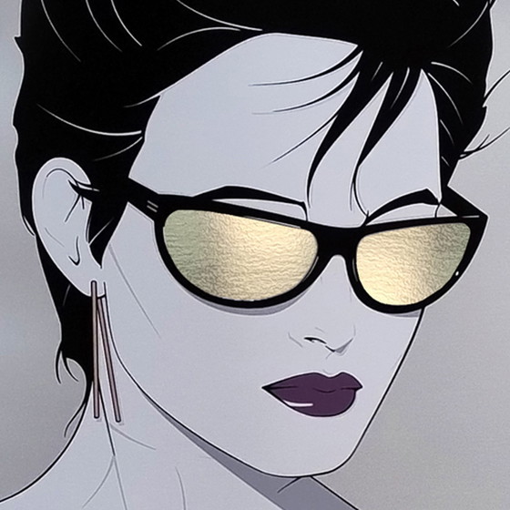 Image 1 of Prachtige Patrick Nagel "Silver Foiled Sunglasses" Art Poster uit de jaren 1980.