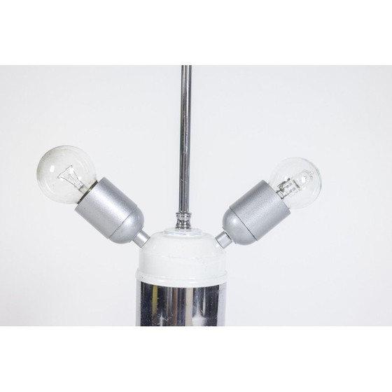 Image 1 of Vintage witte glazen lamp versierd met een bruine en gele spiraal, Italië 1970