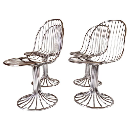 4X eetkamerstoelen uit het ruimtetijdperk, Gastone Rinaldi voor Rima, Italië 1970