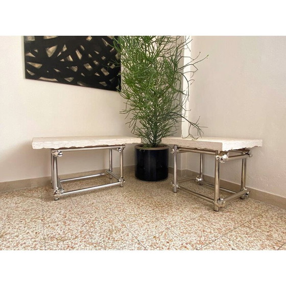 Image 1 of Vintage salontafel van chroom en travertijn, Italië 1970