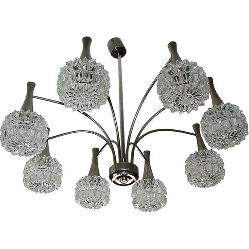 Vintage kroonluchter in vernikkeld staal en dik glas, jaren 1970