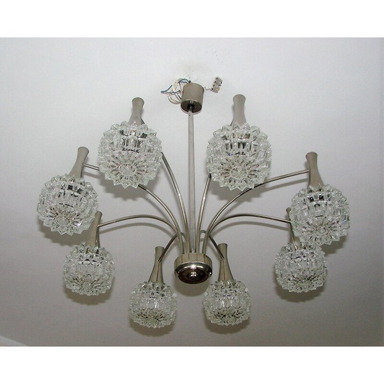 Image 1 of Vintage kroonluchter in vernikkeld staal en dik glas, jaren 1970