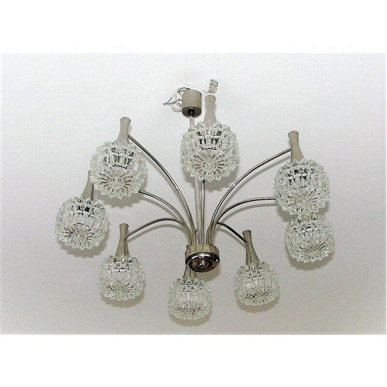 Image 1 of Vintage kroonluchter in vernikkeld staal en dik glas, jaren 1970