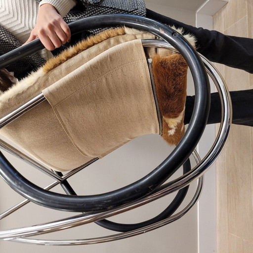 Vintage schommelstoel "Nonna" van gebogen hout en verchroomd staal door Paul Tuttle voor Strässle, Zwitserland 1970