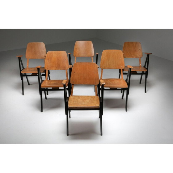 Image 1 of Set van 6 vintage triplex en gezwart houten fauteuils van Ermeloo Zwager, Nederland 1950