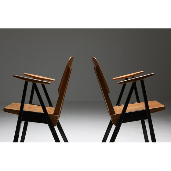 Image 1 of Set van 6 vintage triplex en gezwart houten fauteuils van Ermeloo Zwager, Nederland 1950