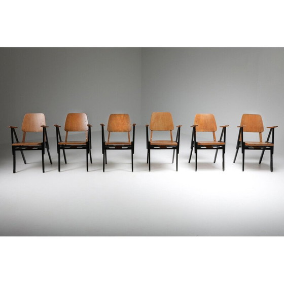 Image 1 of Set van 6 vintage triplex en gezwart houten fauteuils van Ermeloo Zwager, Nederland 1950