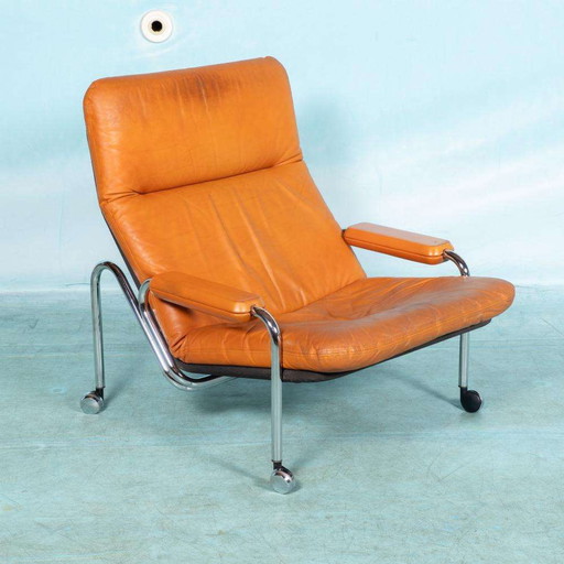 Cognacleren design fauteuil 60s, midmod leather loungechair