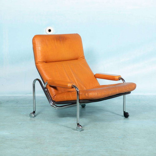 Cognacleren design fauteuil 60s, midmod leather loungechair