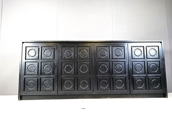 Image 1 of Zwart brutalistisch dressoir, jaren 1970 - vintage brutalistisch dressoir - grafisch brutalistisch dressoir