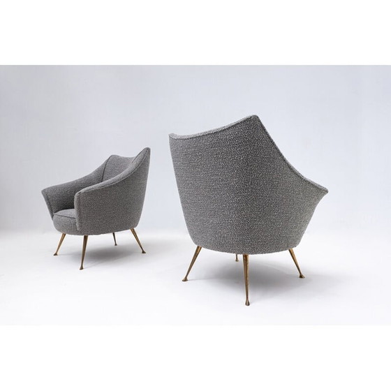 Image 1 of Paar Mid Century fauteuils met grijze bekleding en messing poten, Italië 1950