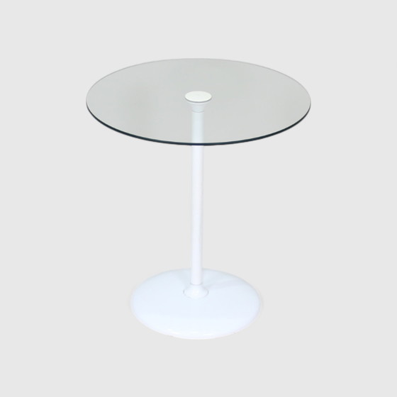 Image 1 of Vintage Ronde Bijzettafel - Wit, Glas Jaren '70