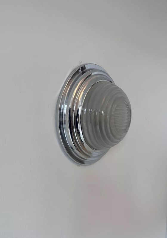 Image 1 of Vintage modernistische wandlamp, chroom en gezandstraald glas, Frankrijk 1930
