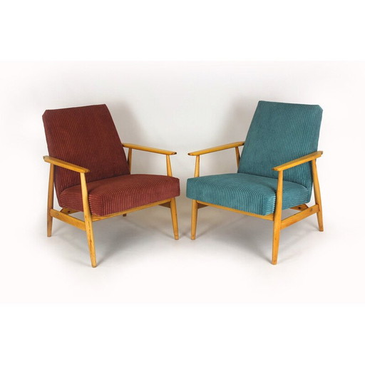 Paar roze en turquoise fauteuils uit de Mid Century, jaren 1960