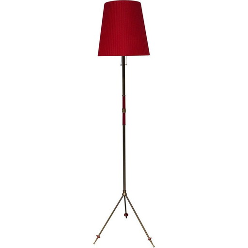 Vintage driepoot vloerlamp van messing, vernikkeld staal, 1950