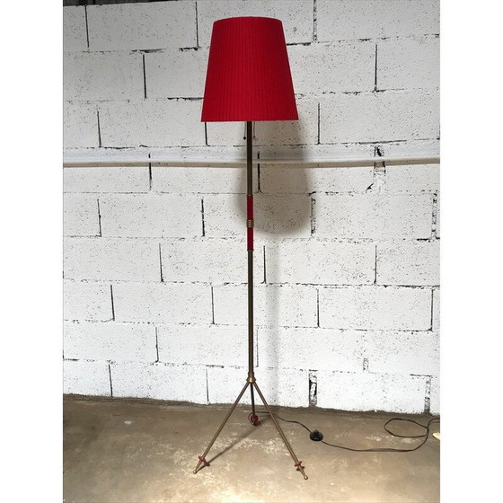 Image 1 of Vintage driepoot vloerlamp van messing, vernikkeld staal, 1950