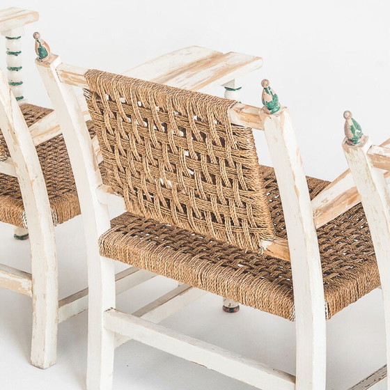 Image 1 of Set van 3 vintage fauteuils van hout en gevlochten touw met een bijpassende tafel, Spanje 1960