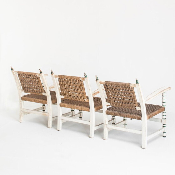 Image 1 of Set van 3 vintage fauteuils van hout en gevlochten touw met een bijpassende tafel, Spanje 1960