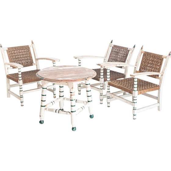Image 1 of Set van 3 vintage fauteuils van hout en gevlochten touw met een bijpassende tafel, Spanje 1960