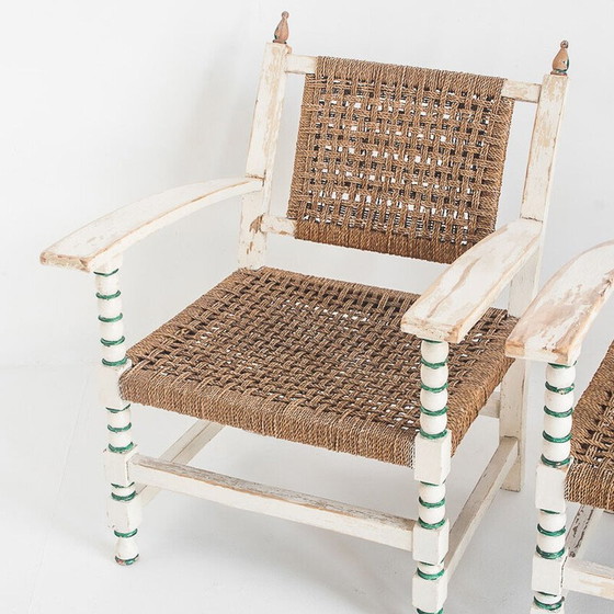 Image 1 of Set van 3 vintage fauteuils van hout en gevlochten touw met een bijpassende tafel, Spanje 1960